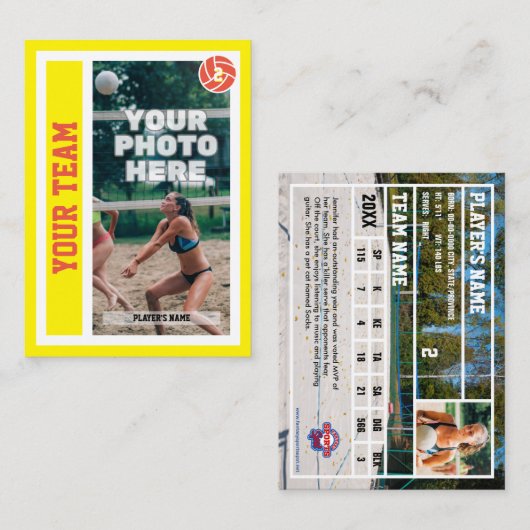 Aangepaste Beachvolleybal Trading Kaart (Geel) Contactkaartje (Voorkant / Achterkant)