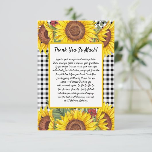 Aangepaste bedankkaart - Black Gingham & Zonnebloe (Staand voorkant)