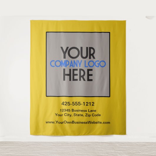 Aangepaste bedrijfshandelsbeurslogo geel achtergro wandkleed (Voorkant)