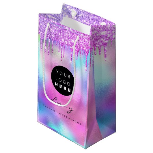 Aangepaste bedrijfsnaam Glitter Holograaf Klein Cadeauzakje (Voorkant Gekanteld)