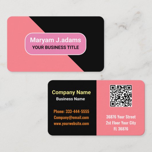 Aangepaste Bedrijfsnaam - Modern Zwart & Blush Roz Visitekaartje (Voorkant / Achterkant)