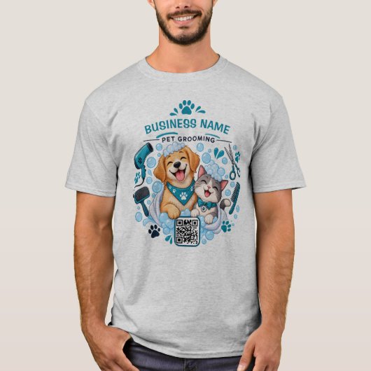 Aangepaste bedrijfsnaam & QR-code hond & kat trimm T-shirt (Voorkant)