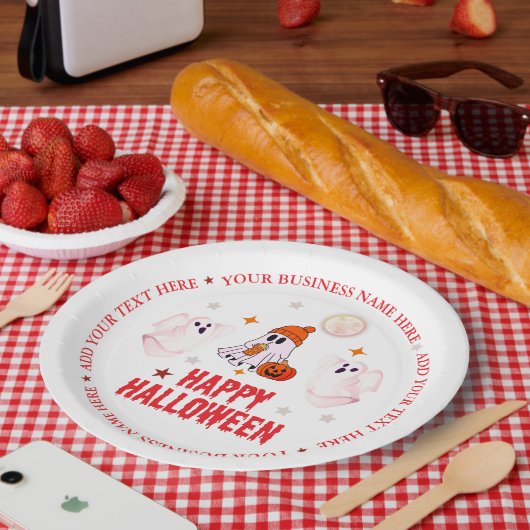 Aangepaste bedrijfsnaam, tekst en spook Halloween Papieren Bordje (Picknick)