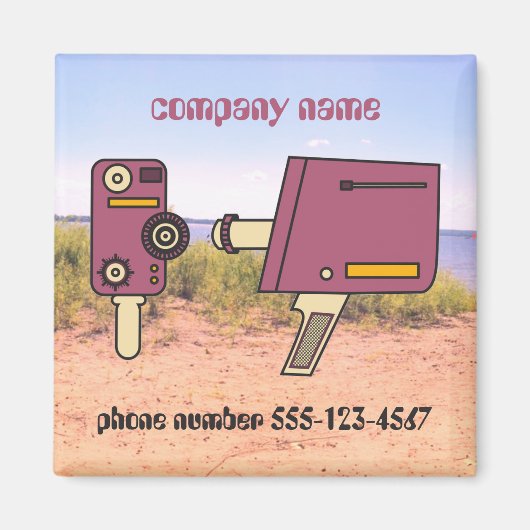 Aangepaste bedrijfsnaam telefoonnummer retro camer magneet (Voorkant)