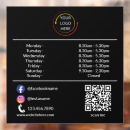 Aangepaste bedrijfsuren vensterfolie met logo & QR Raamsticker