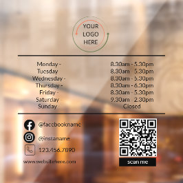 Aangepaste bedrijfsuren vensterfolie met logo & QR Raamsticker