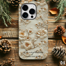 Aangepaste Beige Geborduurde Bloemen met Inspirere Case-Mate iPhone 14 Pro Hoesje