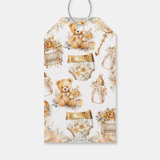 Aangepaste Beige & Gouden Bassinet Baby Shower Cadeaulabel (Achterkant)