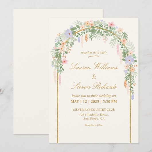 Aangepaste Beige Groen Blauw Goud Bloemen Boog Wed Kaart (Voorkant / Achterkant)