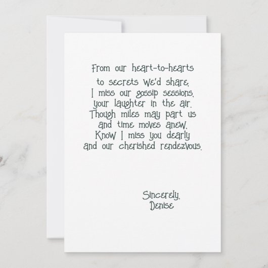 Aangepaste beste vriend Miss You Oudere Dames Kaar Aankondiging (Achterkant)