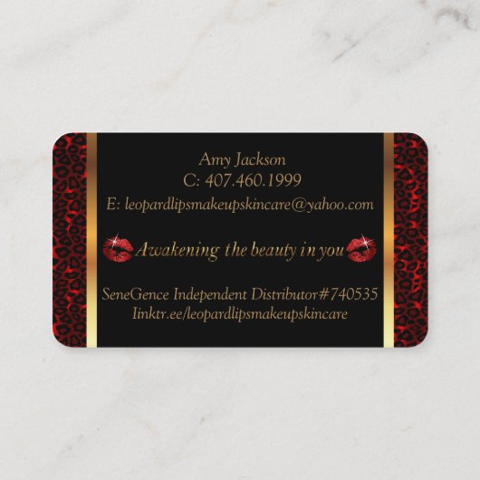 Aangepaste besteller met luipaard en rode lips visitekaartje (Achterkant)