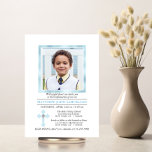 Aangepaste bevestiging voor kruisblauwe jongen | F Kaart<br><div class="desc">Elegant delicaat wit en blauw gepersonaliseerd BEVESTIGING nodigt jongens uit. Faux gouden folie lijst in lichtblauw met PHOTO/afbeelding en prachtig kruis met faux diamant. Op de achterkant van de kaart staat het kindermonogram. Eenvoudige DIY-sjablonen - voeg gewoon jouw tekst en foto's toe</div>