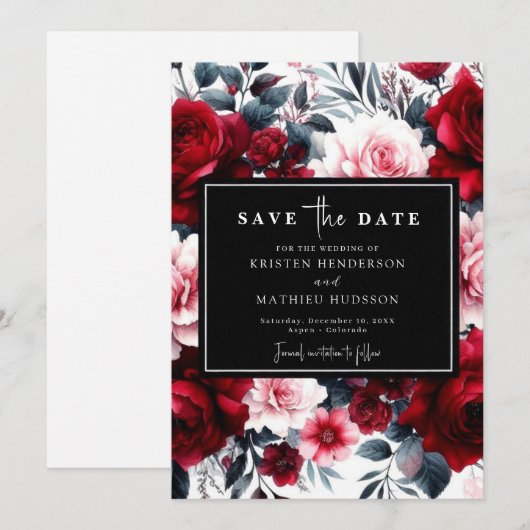 Aangepaste bewerkbare Crimson Red Wedding Save The Date (Voorkant / Achterkant)