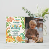 Aangepaste bewerkbare Dino Party Uitnodigen Feestdagenkaart (Staand voorkant)