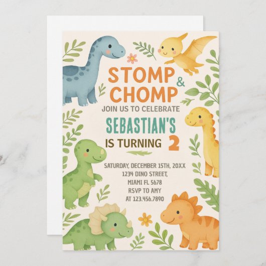 Aangepaste bewerkbare Dino Party Uitnodigen Feestdagenkaart (Voorkant / Achterkant)