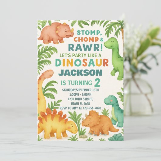 Aangepaste bewerkbare Dino Party Uitnodigen Feestdagenkaart (Staand voorkant)