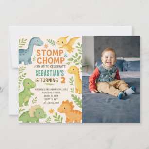 Aangepaste Bewerkbare Dino Party Uitnodigen met fo Feestdagenkaart
