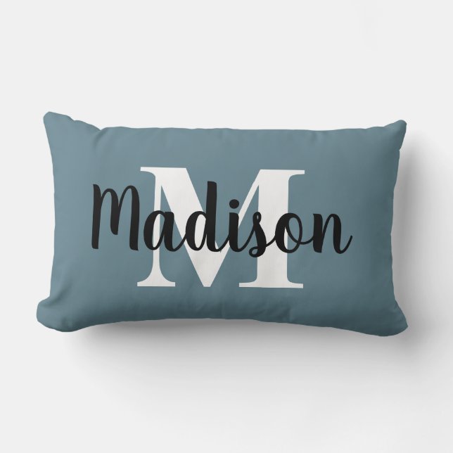 Aangepaste bewerkbare kleur monogram naam blauw wi kussen (Voorkant)