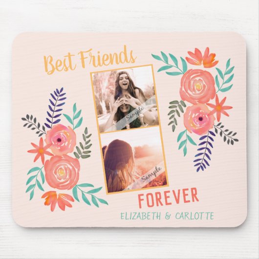 Aangepaste BFF 2 Foto Koraal Roze Waterverf Bloem Muismat (Voorkant)