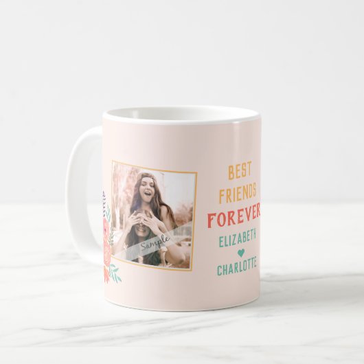 Aangepaste BFF Foto Koraal Roze Waterverf Bloem Koffiemok (Voorkant links)