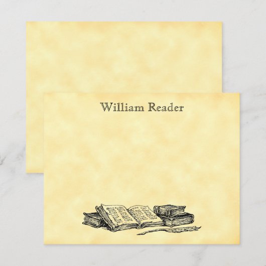 Aangepaste bibliotheek van  boeken en schrijfquill notitiekaartje (Voorkant / Achterkant)