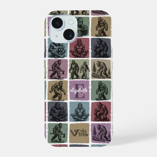Aangepaste Bigfoot Naam Initiaal Retro Bos Kunst iPhone 15 Case (Achterkant)