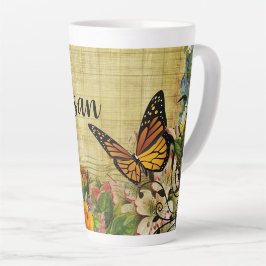 Aangepaste bijtende bijtende botaniek met vlinder latte mok (Rechterhoek)