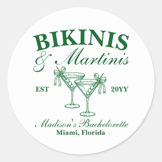 Aangepaste bikini's en martinis vrijgezellenfeest ronde sticker (Voorkant)