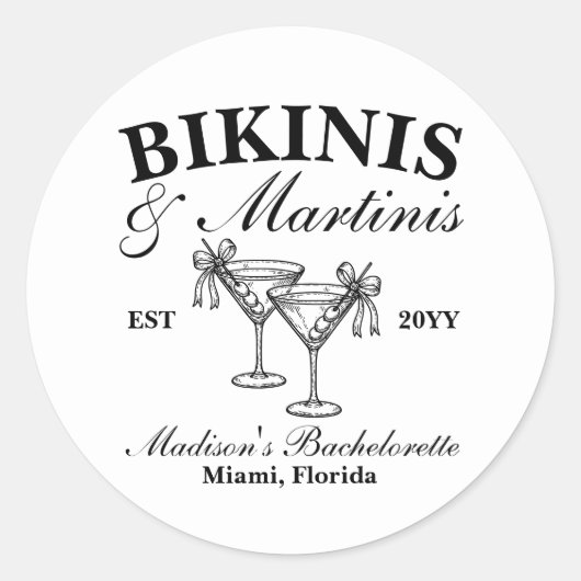 Aangepaste bikini's en martinis vrijgezellenfeest ronde sticker (Voorkant)