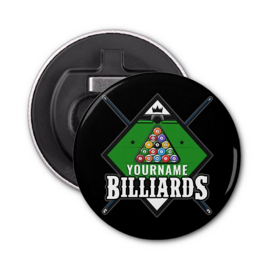 Aangepaste Billiards NAME Cue Rack Pool Room Button Flesopener (Voorkant)