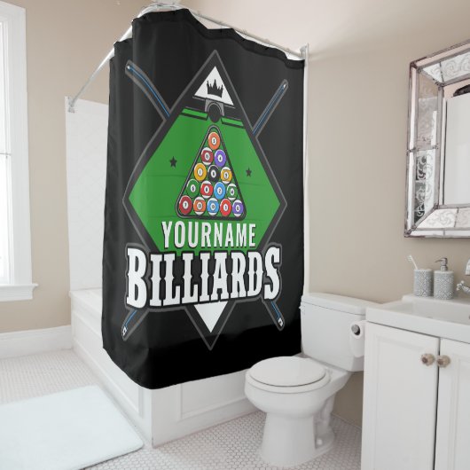 Aangepaste Billiards NAME Cue Rack Pool Room Douchegordijn (In situ)