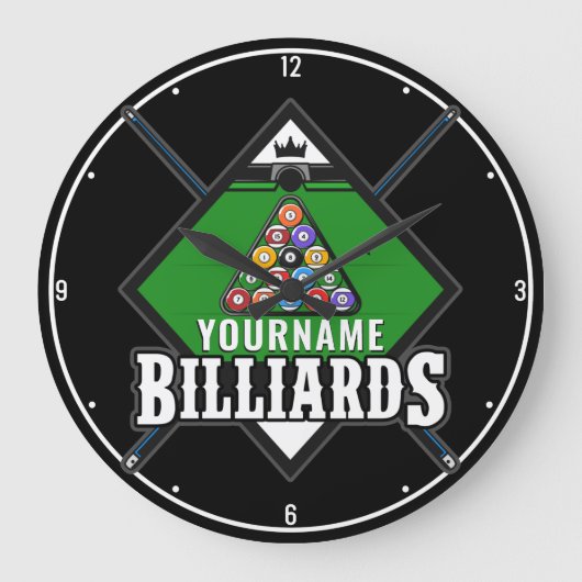 Aangepaste Billiards NAME Cue Rack Pool Room Grote Klok (Voorkant)