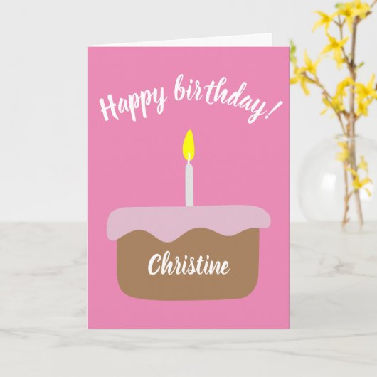 Aangepaste Birthday Cake w/ Lit Candle | Roze Kaart (Gele Bloem)