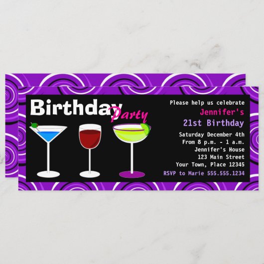 Aangepaste 'Birthday Cocktail'-partij nodigt Paars Kaart (Voorkant / Achterkant)