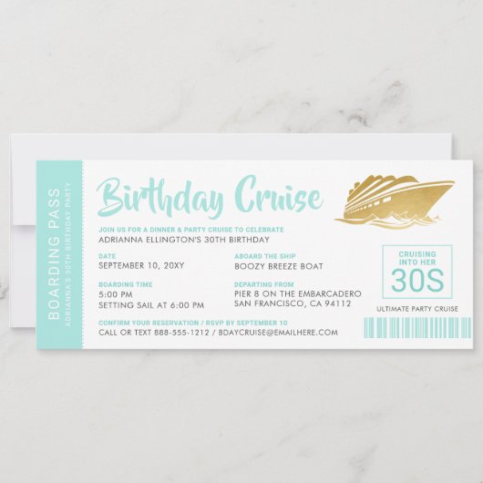 Aangepaste Birthday Cruise Boarding Pass Blauwgroe (Voorkant)