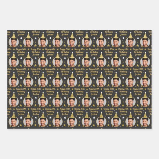 Aangepaste 'Birthday'-verlooppapier, zwart en goud Inpakpapier Vel (Voorkant 3)