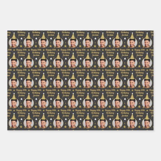 Aangepaste 'Birthday'-verlooppapier, zwart en goud Inpakpapier Vel (Voorkant)