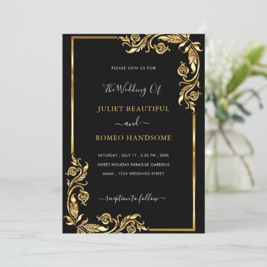 Aangepaste Black and Gold Wedding Invitation Sjabl (Staand voorkant)