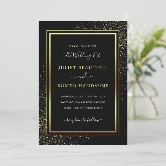 Aangepaste Black and Gold Wedding Invitation Sjabl (Staand voorkant)