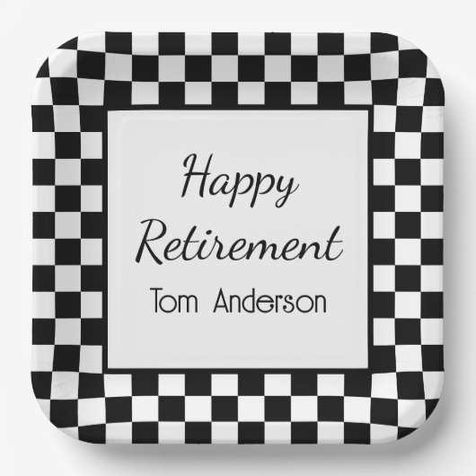 Aangepaste Black Checkered Pensioenpartij Papieren Bordje (Voorkant)