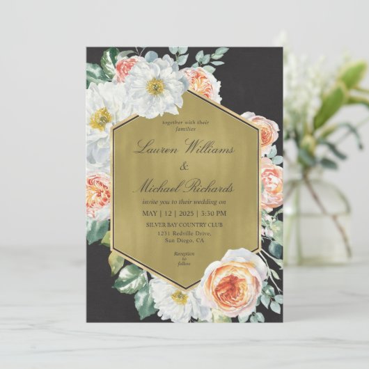 Aangepaste Black Gold en Rozen perzik bruiloft Kaart (Staand voorkant)