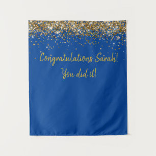 Aangepaste Blauw en Goud Graduation Party Photo Bo Wandkleed