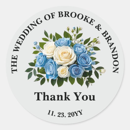 Aangepaste Blauw en Wit Bloemen Huwelijk Dank u Ronde Sticker (Voorkant)