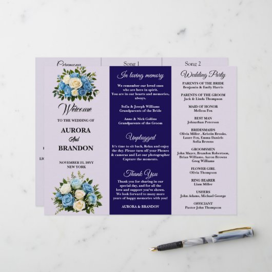 Aangepaste Blauw en Wit Bloemen Trouwprogramma (Voorkant / Achterkant in situ)