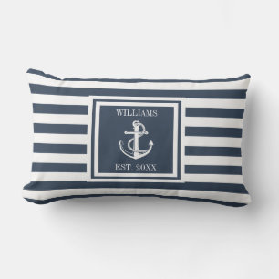 Aangepaste blauw Navy Name Stripe Nautical Anchor Buitenkussen