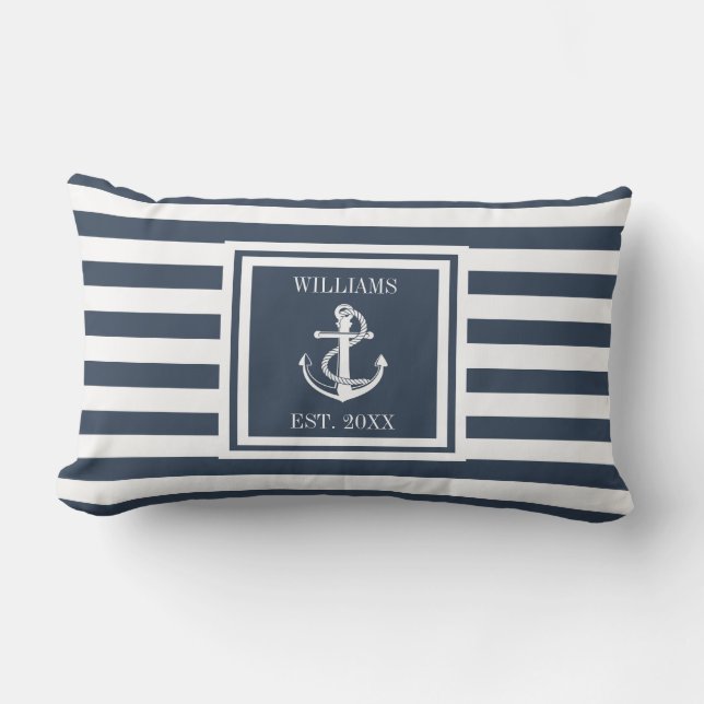 Aangepaste blauw Navy Name Stripe Nautical Anchor Buitenkussen (Voorkant)