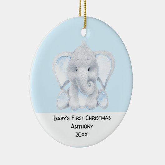 Aangepaste blauw-olifantenbaby's, eerste Kerstmis Keramisch Ornament (Rechts)