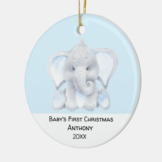 Aangepaste blauw-olifantenbaby's, eerste Kerstmis Keramisch Ornament (Links)