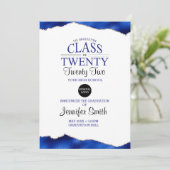 Aangepaste blauwe Afstuderen-uitnodiging met achte Kaart (Staand voorkant)