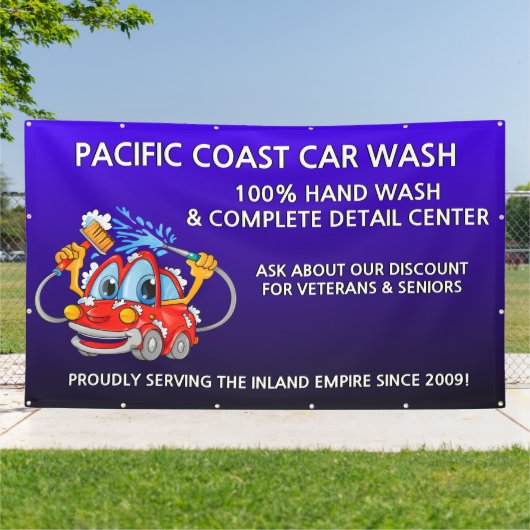 Aangepaste Blauwe Autowas Comical Toon Auto Groot Spandoek (Buitenkant)
